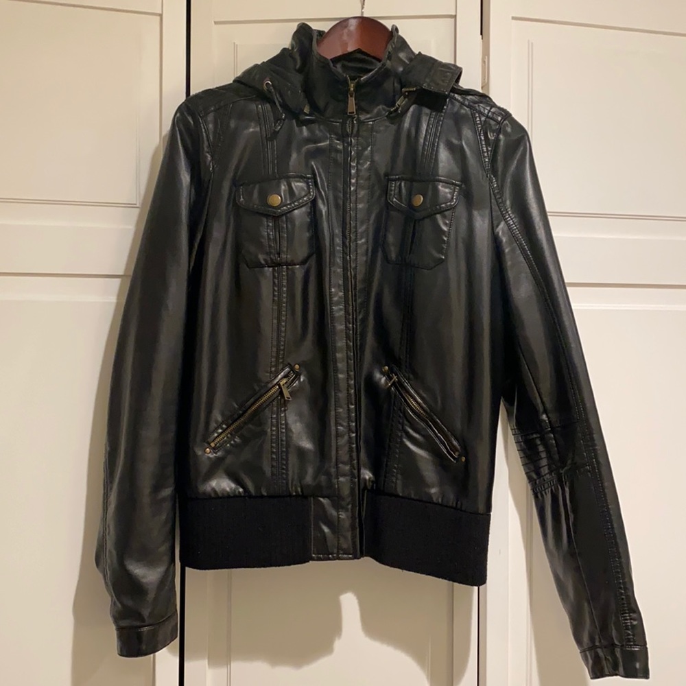 BDG Faux Leather Hooded Bomber Jacket